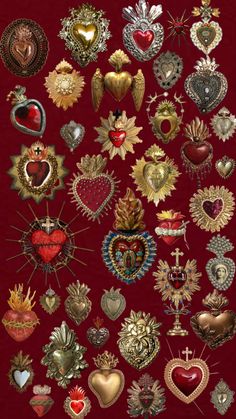 many different types of heart shaped brooches on a red background