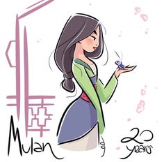 a drawing of a woman holding a small bird in her hand and the words mulan on it