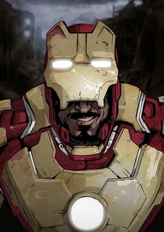 an iron man is standing in front of a dark background with the light on his face