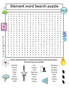 the element word search puzzle is shown in this graphic style, which includes an image of a