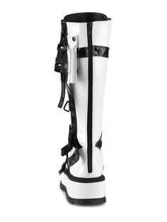 SLACKER-260 White Patent Platform Boots Tall Platform Boots, Poses Reference, Quick Release Buckle, Cargo Pocket, Anime Poses, Platform Boots, Quick Release, Pose Reference, Knee High