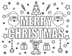 merry christmas coloring page with santa claus and reindeer in black and white, surrounded by stars