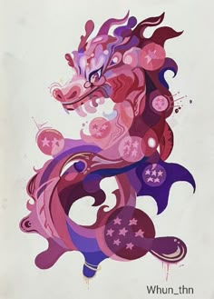 a painting of a pink dragon with stars and swirls on it's body