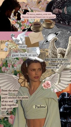 a collage of images with words and pictures on them, including an image of a woman in a kimono