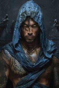 a man with tattoos on his face and chest wearing a blue scarf over his head