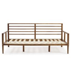 the bed frame is made from wood and has slats on each side, as well as an attached headboard