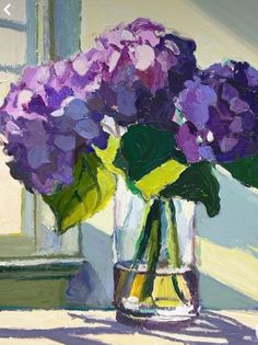 a painting of purple flowers in a glass vase