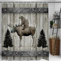 a shower curtain with an image of a moose on it