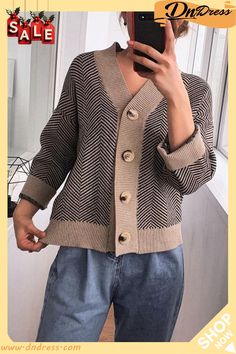 Stripe Button Cardigan Hollow Sweater, Bell Jeans, Bell Pants, Clothes Jeans, Loose Jumpsuit, Jumpsuit With Sleeves, Striped Sleeve, Button Cardigan, Casual Clothes