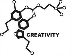 the word creativity written in black on a white background with hexagonal shapes and dots