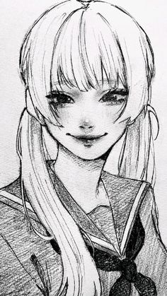 a pencil drawing of a girl with long hair and bangs, wearing a school uniform