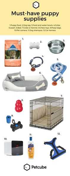 an image of dog supplies for puppies with the words must have puppy supplies on it