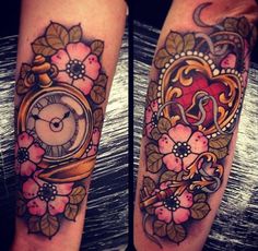 two tattoos with flowers and a clock on them