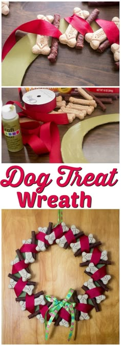 dog treat wreath made out of candy canes and ribbon with text overlay that reads, dog treat wreath