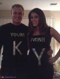 two people standing next to each other wearing shirts that say yours mine and kly