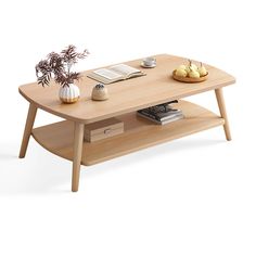 a coffee table with an open book and some fruit on the shelf next to it