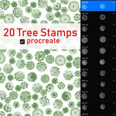 an image of some trees that are in the same color and size, with text reading 20 tree stamps procreate