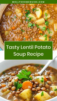 Warm up with a cozy bowl of hearty lentil potato soup. This comforting and nutritious soup is packed with protein, fiber, and flavor, making it the perfect dish for chilly days. Easy to make and oh-so-satisfying, this soup is sure to become a family favorite. Whether you're looking for a healthy meal prep option or simply craving something warm and delicious, this lentil potato soup is a must-try recipe. Lentil Soups And Stews, Lentil Minestrone Soup, Hearty Lentil Soup, Lentil Recipes Soup, Lentil Soup With Potatoes, Lentil And Potato Soup, Lentil Soup Recipe Easy, Mexican Lentil Soup Recipe, Lentil And Sweet Potato Soup