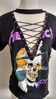 Distressed Lace Up Rock Metal Band Top T Shirt by CustomStudded Spring Grunge T-shirt For Alternative Fashion, Edgy Fitted T-shirt For Music Festival, Edgy Festival T-shirt With Crew Neck, Spring Rock Style Crew Neck T-shirt, Spring Distressed Band Merch T-shirt, Punk T-shirt For Spring Alternative Fashion, Punk Style T-shirt For Alternative Fashion In Spring, Punk Style T-shirt For Spring Alternative Fashion, Edgy Acid Wash T-shirt For Alternative Fashion