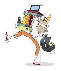 a woman is carrying many items on her back