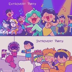 an image of people having party in the living room and another cartoon with text that reads,