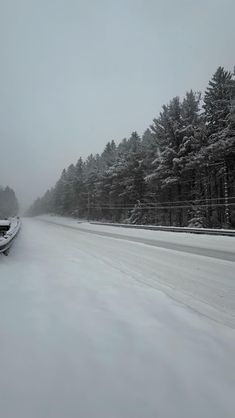 a car driving down a snow covered road in the middle of winter with trees on both sides