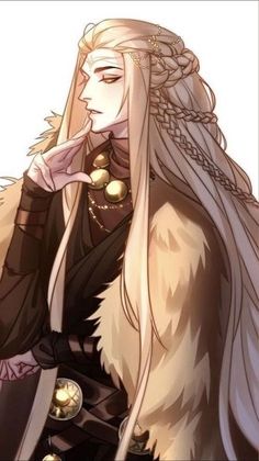 an anime character with long white hair, wearing armor and holding her hand to her mouth