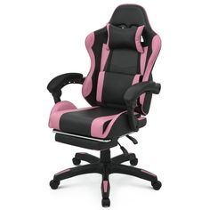 a pink and black office chair with wheels on it's backrest, sitting in front of a white background