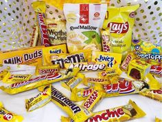 a basket filled with lots of different types of candy