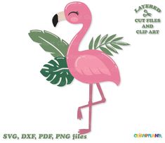 a pink flamingo with green leaves on it's legs