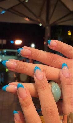 Summer Vk Nails, Short Blue Acrylic Nails Almond, Simple Bday Nails Almond, Bright Nails French Tips, Blue Nails White French Tip, Summer Nail Inspo Dip Powder, Summer Vacay Nails French Tip, Summer Nail Inspo Round, French Tip Nails Teal