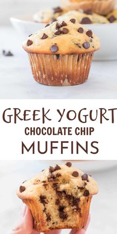 a person holding up a chocolate chip muffin in front of the camera and text overlay reads, greek yogurt chocolate chip muffins