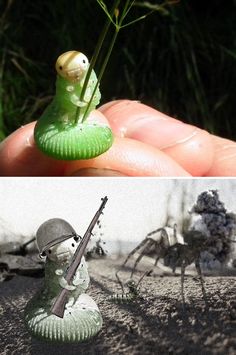 two pictures one with a toy soldier and the other with a bug