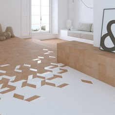 a room with white walls and brown tiles on the floor