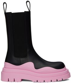 Mid-calf vegetable-tanned buffed calfskin Chelsea boots in black. · Elasticized gusset at sides · Pull-loops at collar · Rubberized trim at welt · Treaded rubber platform sole · Platform: H2 in Supplier color: Black/Gloss Pink Platform Boots, Bottega Veneta Boots, Styling Chelsea Boots, Platform Boots Women, Lug Boots, Chelsea Boots Women, Black Gloss, Chelsea Ankle Boots, Shoe Inspo