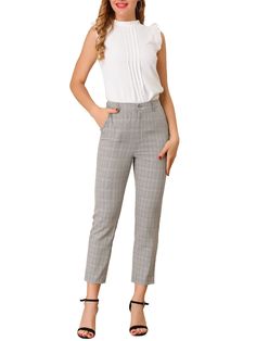 Cropped Leg Dress Pants For Business Casual In Fall, Fall Cropped Leg Dress Pants For Business Casual, Fall Cropped Leg Business Casual Dress Pants, Fall Business Casual Cropped Leg Dress Pants, Chic Cropped Leg Dress Pants For Office, Office Lady Pants With Pockets, Classic Cropped Leg Dress Pants For Work, Classic Cropped Dress Pants For Workwear, Office Lady Bottoms With Pockets For Work