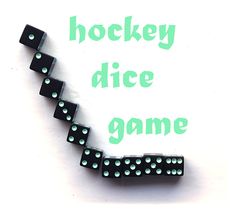 the words hockey dice game are written in green and black letters on a white background