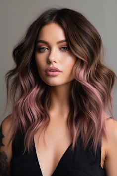 Best Hair Highlights For Brown Hair, Dark Hair With Fashion Color, Rose Pink Highlights Dark Hair, Brunette With Light Pink Highlights, Blush Balayage Brunette, Pink Balayage Highlights, Chocolate Hair With Pink Highlights, Rose Gold Dark Hair, Brunette Hair With Colorful Highlights