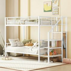 a white bunk bed sitting on top of a wooden floor next to a rug and window