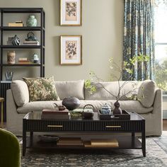 a living room filled with furniture and a coffee table in front of a book shelf