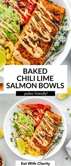 two bowls filled with baked chili lime salmon bowls