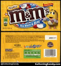 m & m's red, white and blue candy bar wrapper is shown