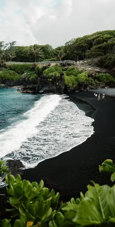 black sand beach with waves coming in and people walking on the shore near it, surrounded by lush green vegetation