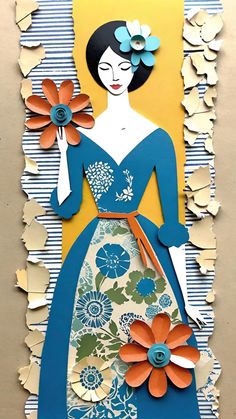 a paper cut out of a woman with flowers in her hair and holding a flower