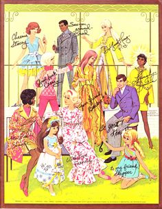 an old fashion magazine cover with people dressed in dresses and hats, standing around on the grass