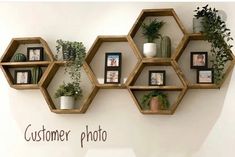 some shelves with plants and pictures on them against a white wall that says customer photo