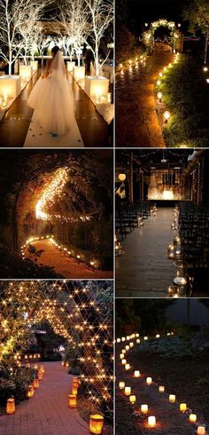 many different pictures with candles lit up in the night and on the ground, along with trees