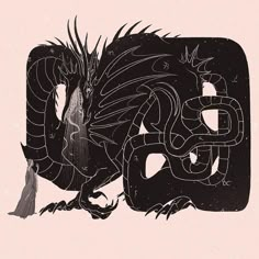 a black and white drawing of a dragon on a pink background with the letter b in it's center