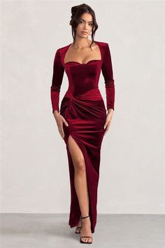 Features: Turn heads in this elegant and stylish Square Collar Long Sleeve Sexy Maxi Dress. Made with soft velvet material, it features a flattering ruched design and a sexy split, perfect for any special occasion or party. Stay comfortable and chic with this must-have addition to your wardrobe. Mardi Gras Dresses, Proposal Dress, Velvet Red Dress, After Party Outfit, Xmas Party Dress, Tight Long Dress, Red Corset Dress, Knot Maxi Dress, Fall Formal Dresses