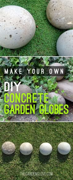 some rocks and grass with the words how to make your own diy concrete garden globes